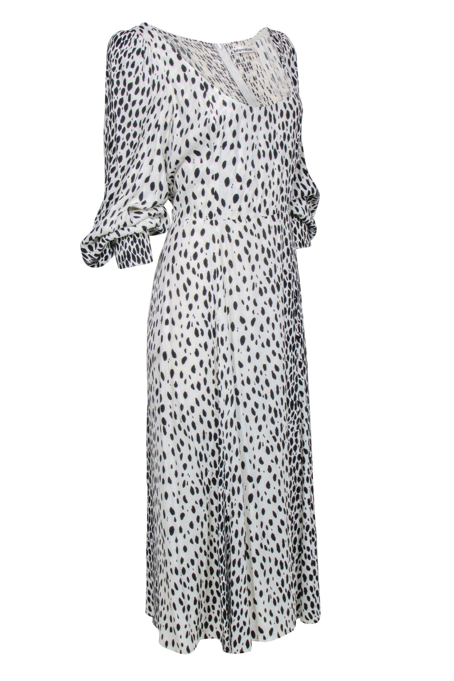 Reformation Cream and Black Spotted Print Long Sleeve Maxi Dress - Size 12