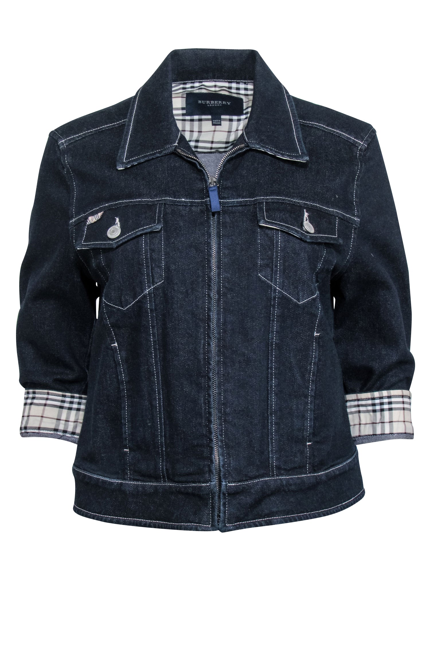 Burberry's Stylish Dark Wash Denim Jacket with Plaid Cuffs - Size 10