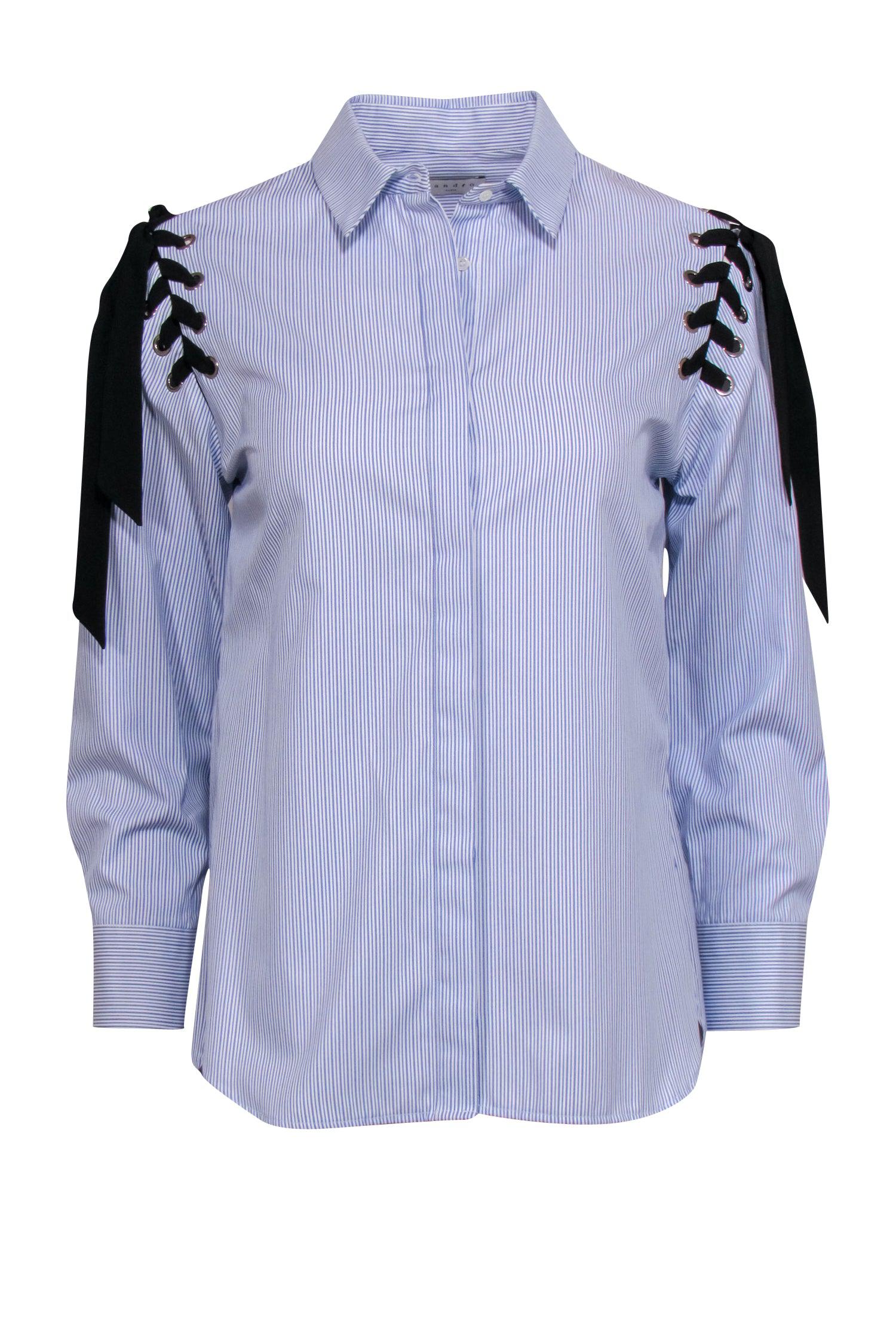 Sandro Blue & White Pinstriped Lace-Up Shoulder Button-Up Blouse - Size S
