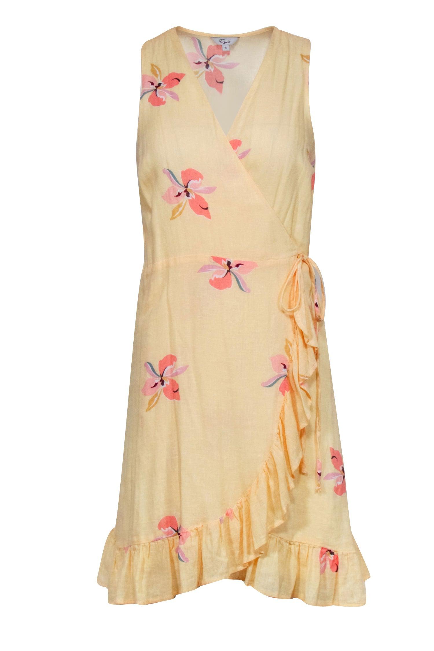 Rails Sunshine Yellow Floral Wrap Dress with Ruffled Hem - Size S