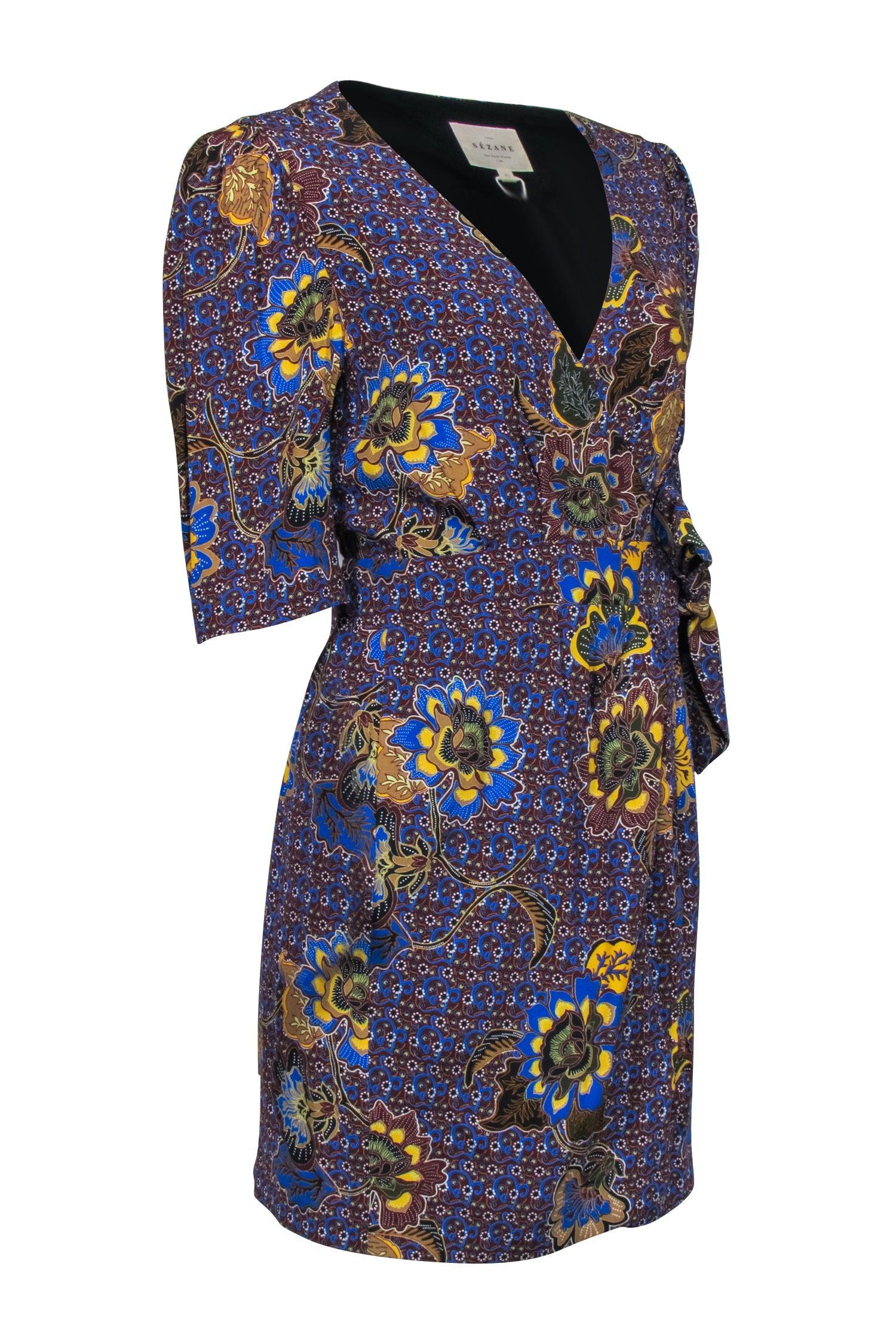 Sezane - Stunning Maroon & Blue Floral Paisley Print Short Sleeve Wrap Dress in Size 10