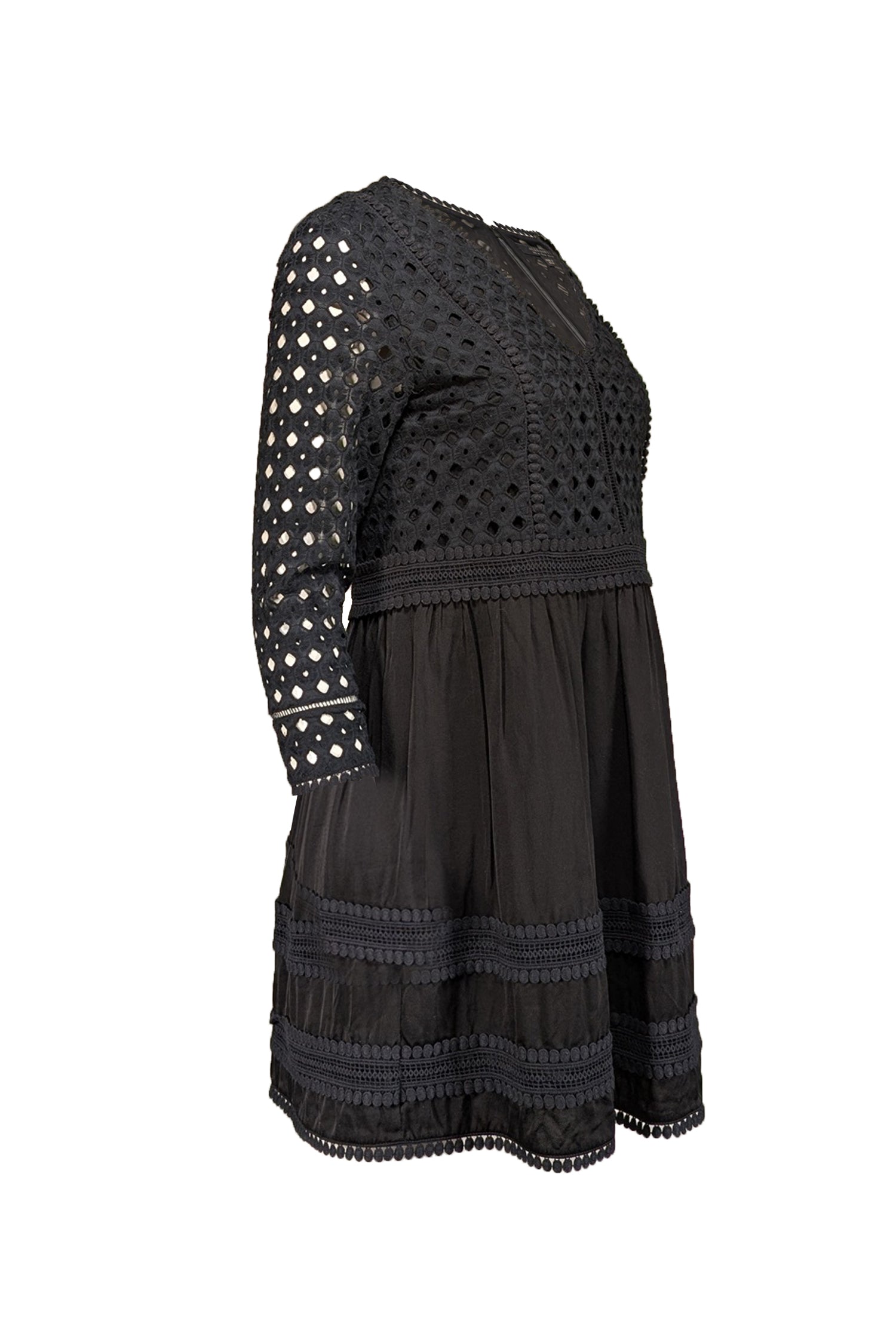 All Saints' Enchanting Black Eyelet Lace Cotton A-Line Dress - Size 6