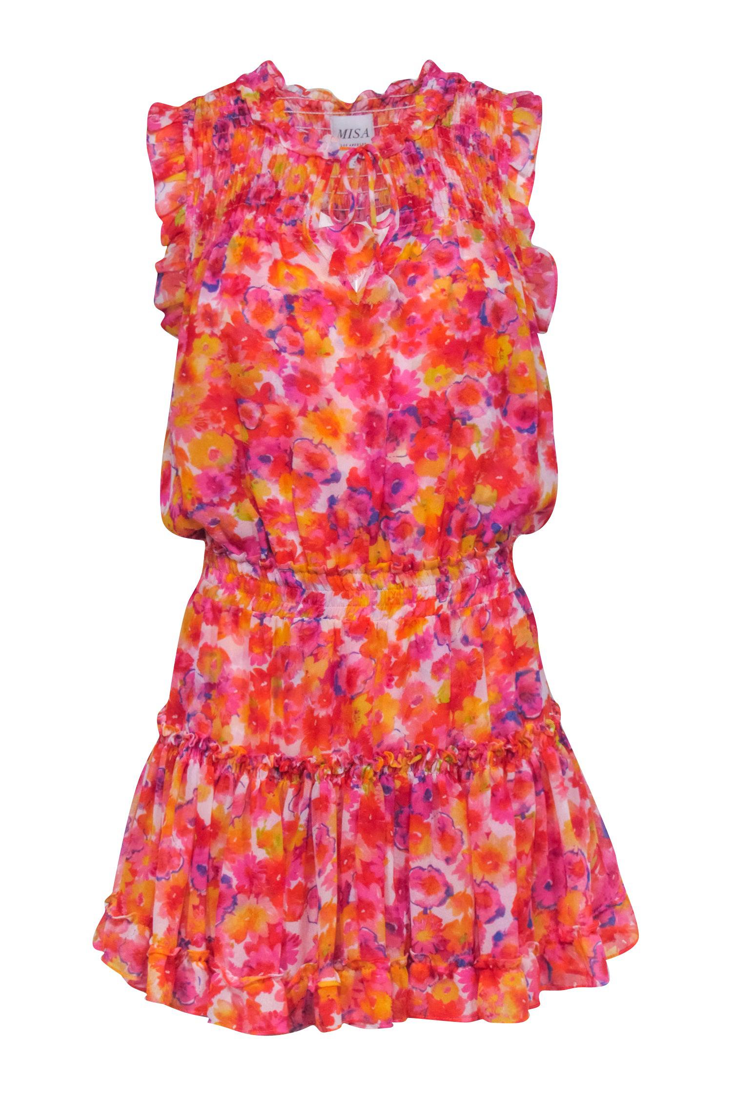 MISA Los Angeles - Sunny Floral Smocked Dress in Pink, Orange & Yellow (Size S)