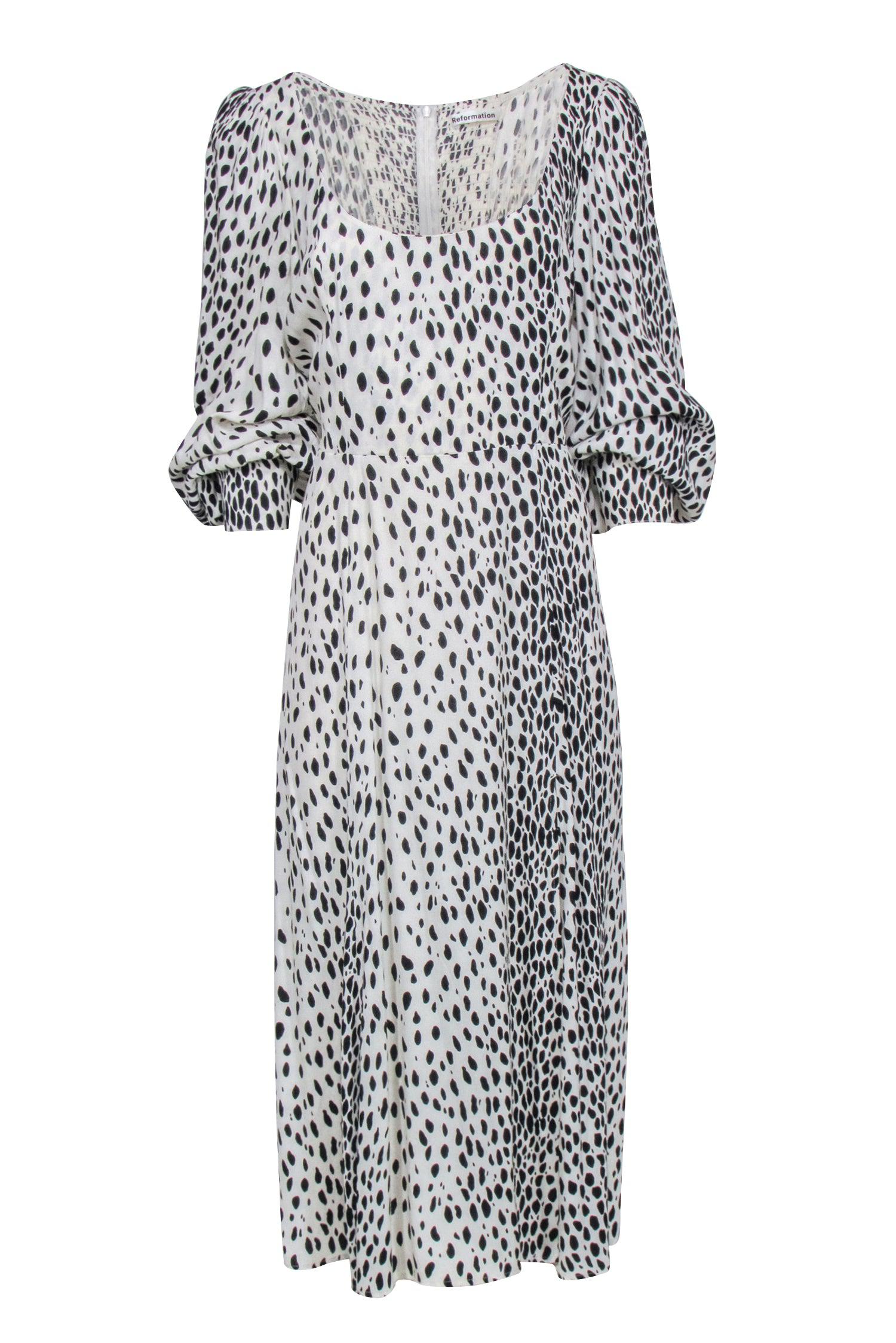 Reformation Cream and Black Spotted Print Long Sleeve Maxi Dress - Size 12