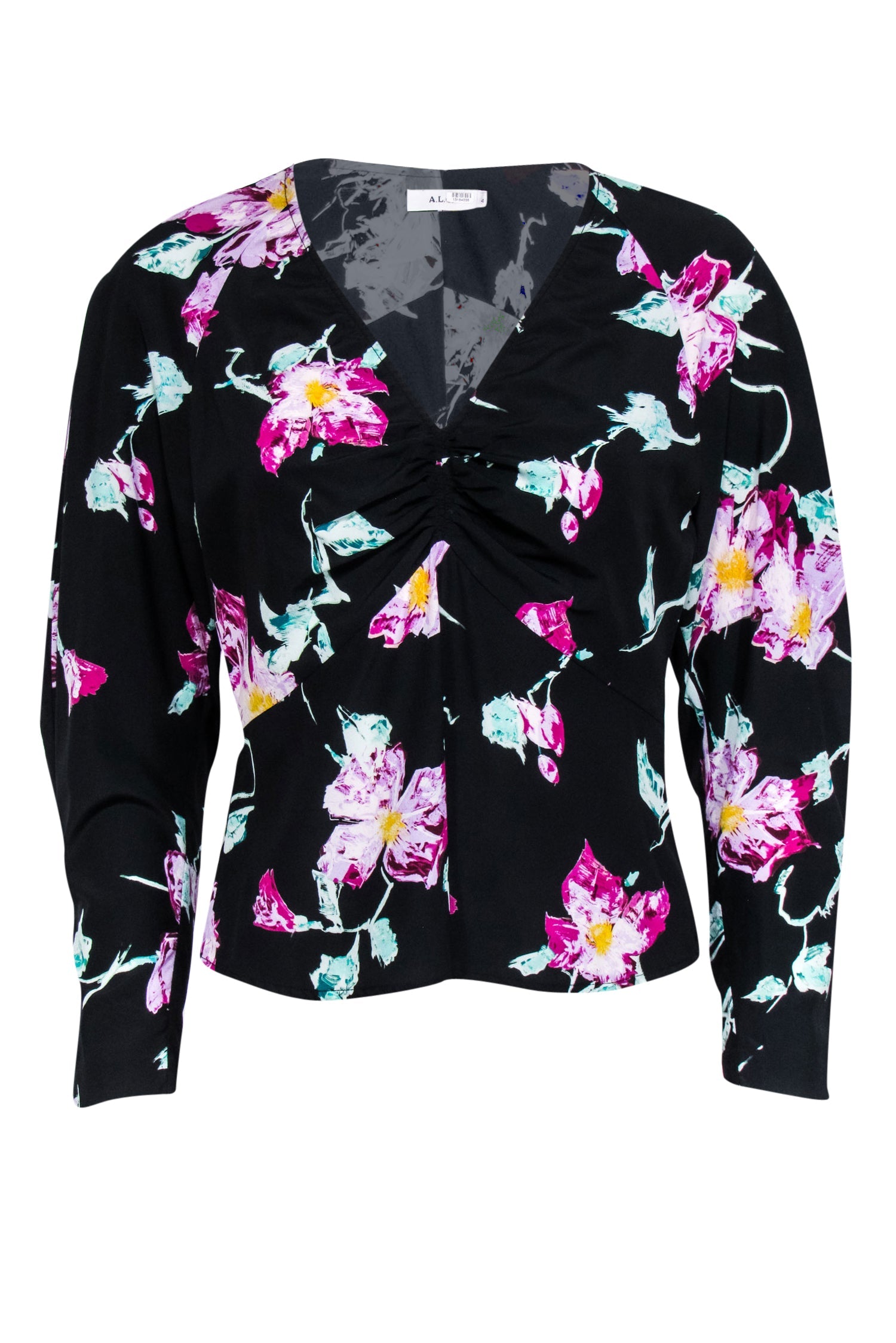 A.L.C. Black, Purple & Green Abstract Floral Print Stretch Silk 'Millie' Blouse - Size 4