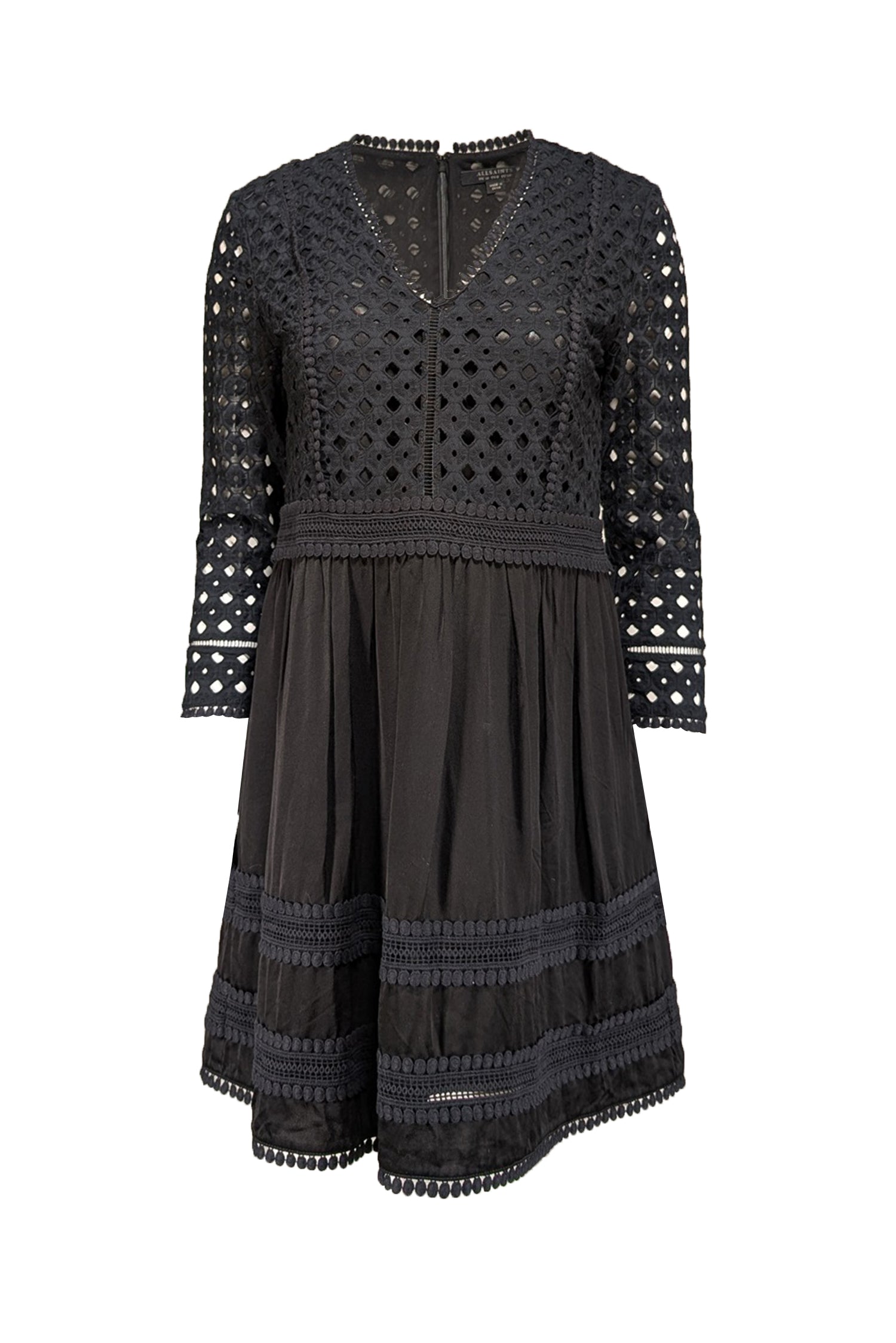 All Saints' Enchanting Black Eyelet Lace Cotton A-Line Dress - Size 6