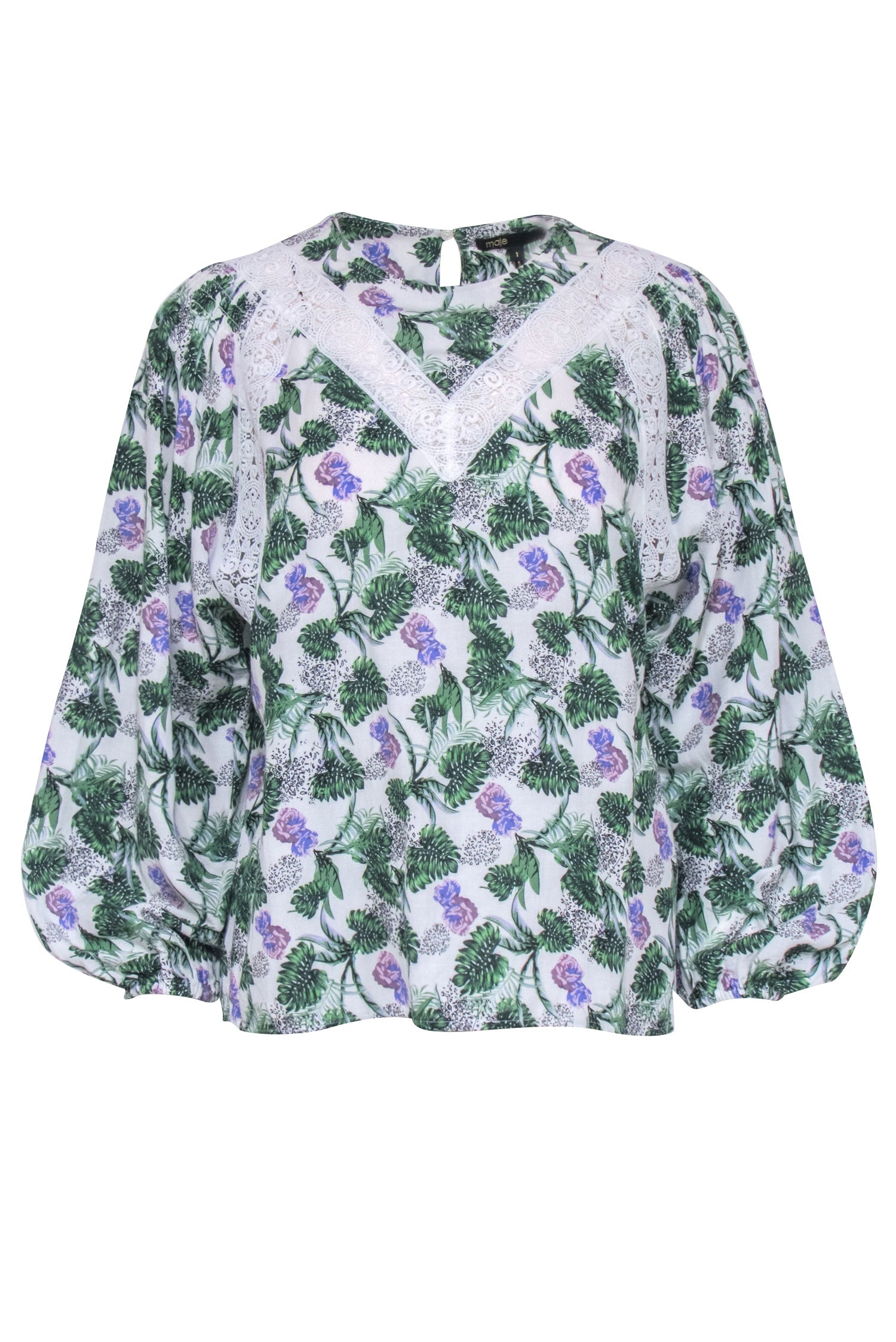 Maje Palm Print Top in White, Purple & Green - Size 4