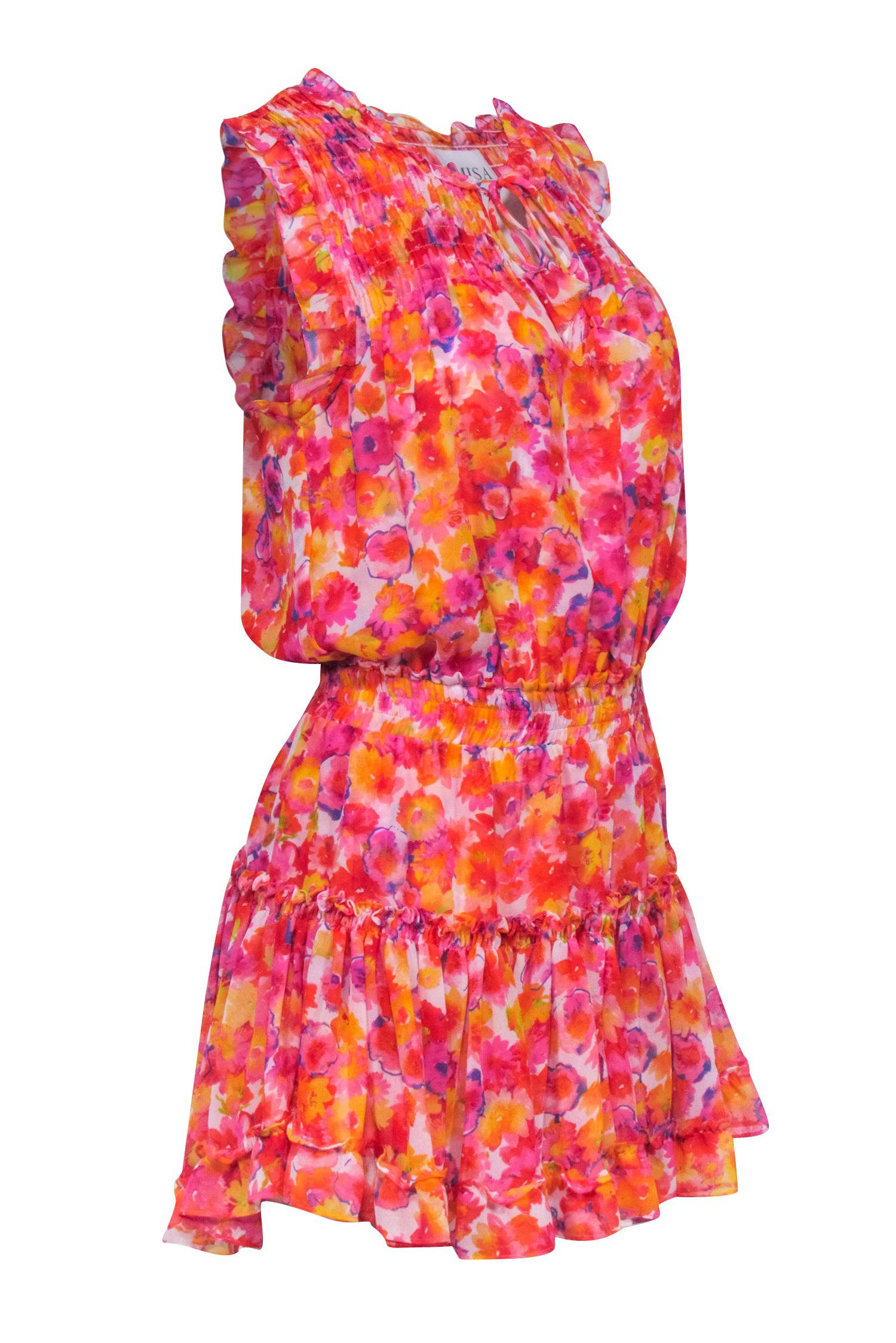 MISA Los Angeles - Sunny Floral Smocked Dress in Pink, Orange & Yellow (Size S)