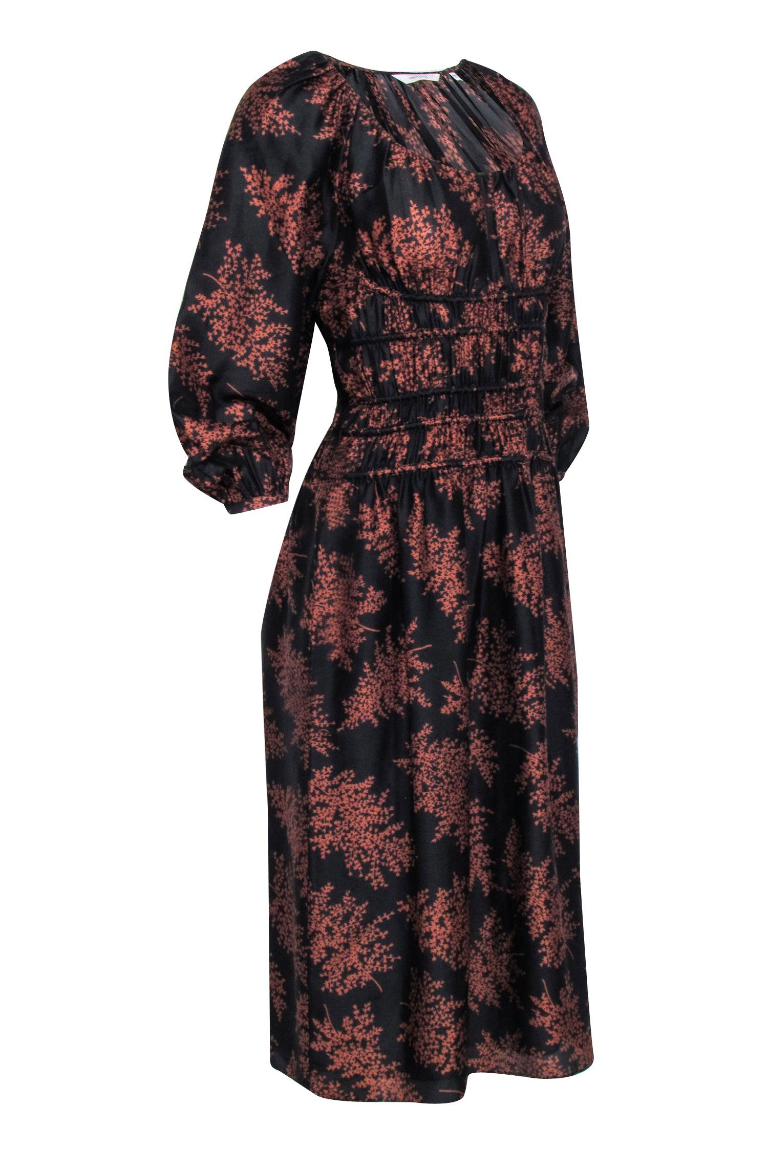 Rebecca Taylor - Exquisite Black with Brown Floral Print Long Sleeve XS Dress