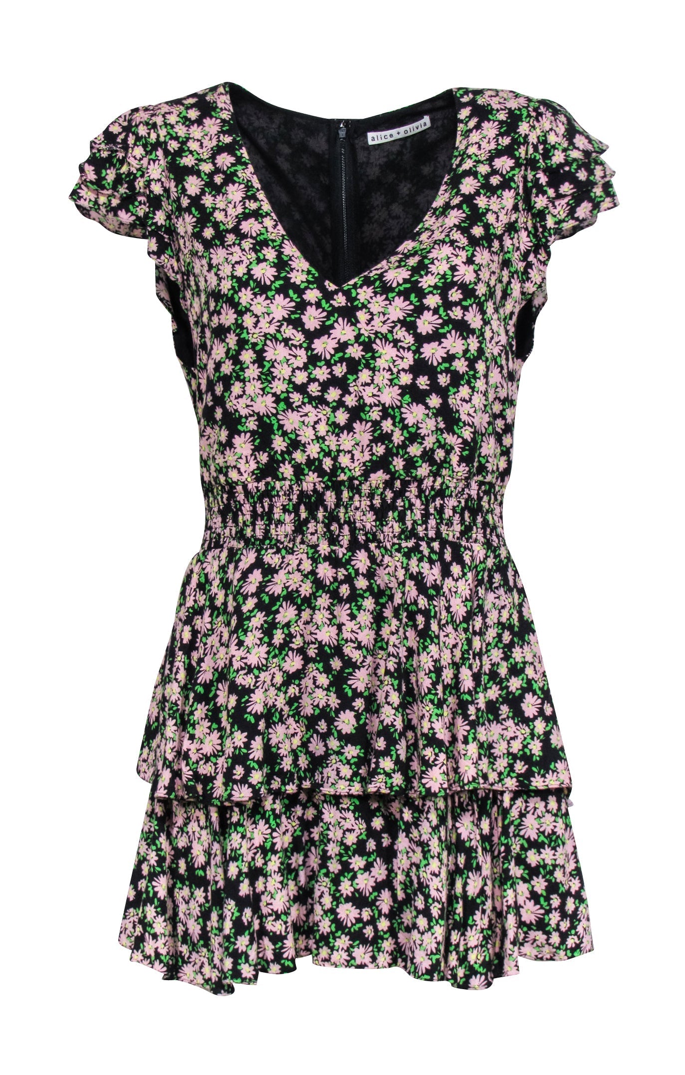 Alice & Olivia - Stunning Black with Pink & Green Floral Print Ruffled Romper in Size M