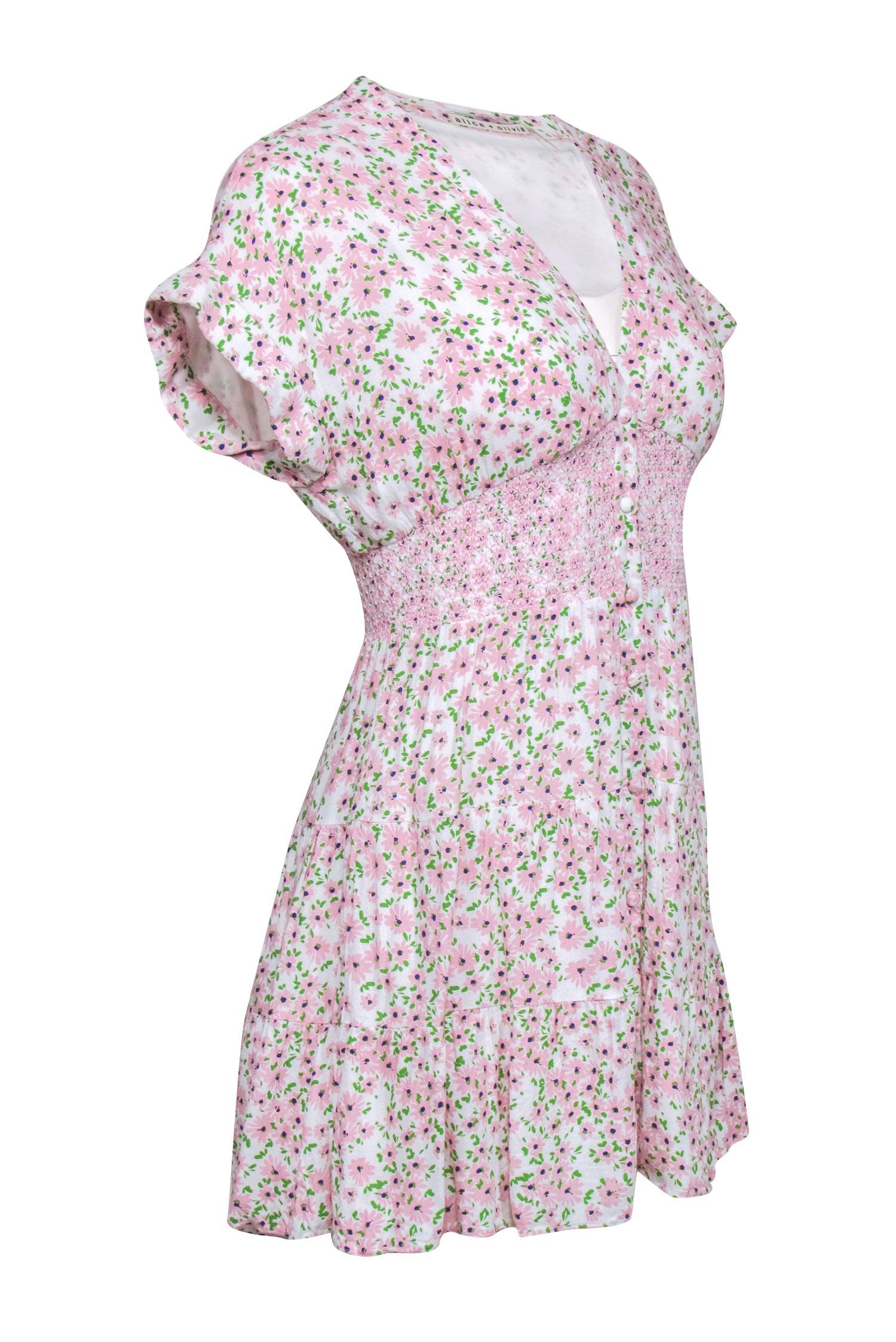 Alice & Olivia - Adorable Blush & Green Ditsy Floral Print Smocked Waist Sundress, Size 2