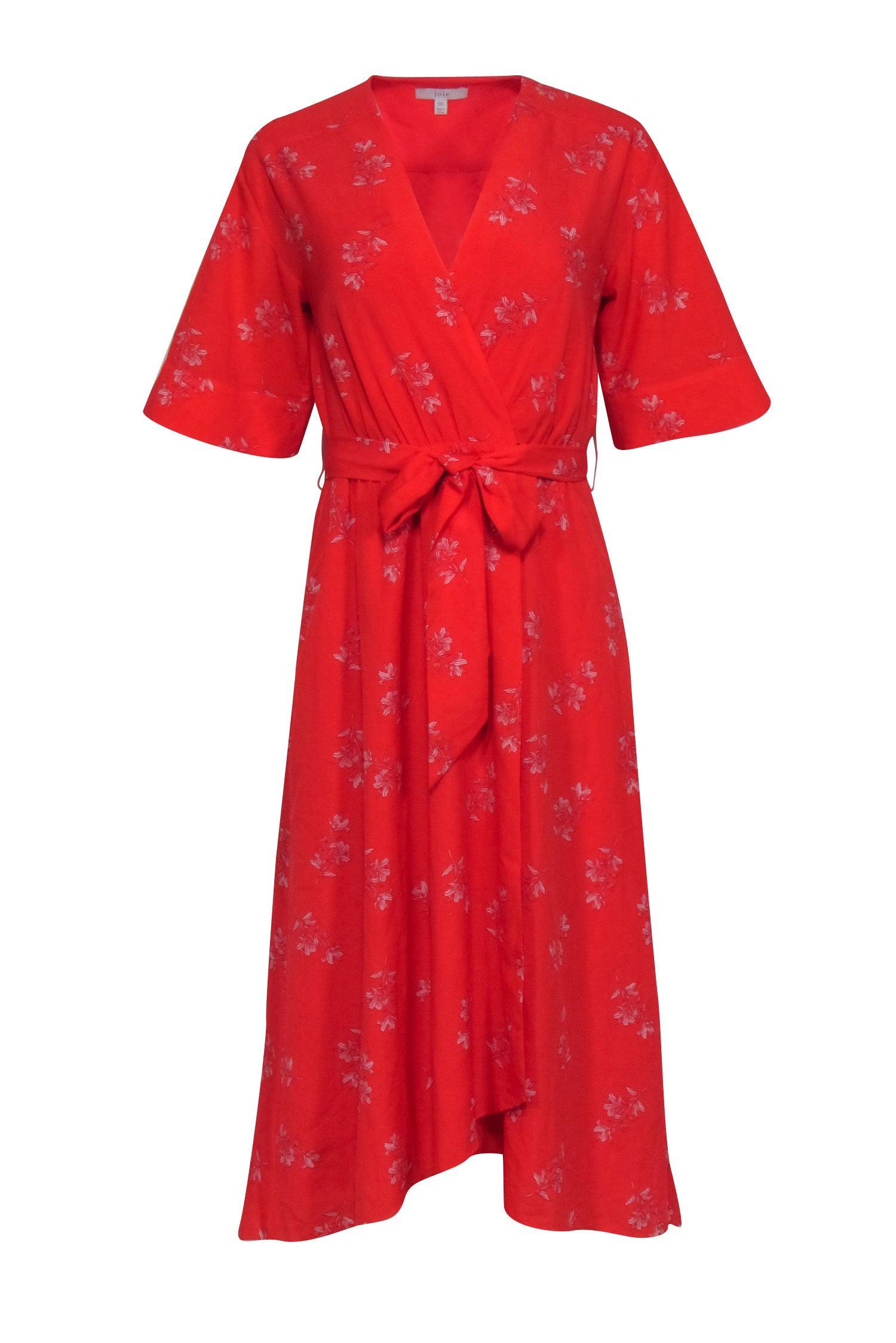 Joie - Stunning Red Floral Print Short Sleeve Wrap Dress in XXS