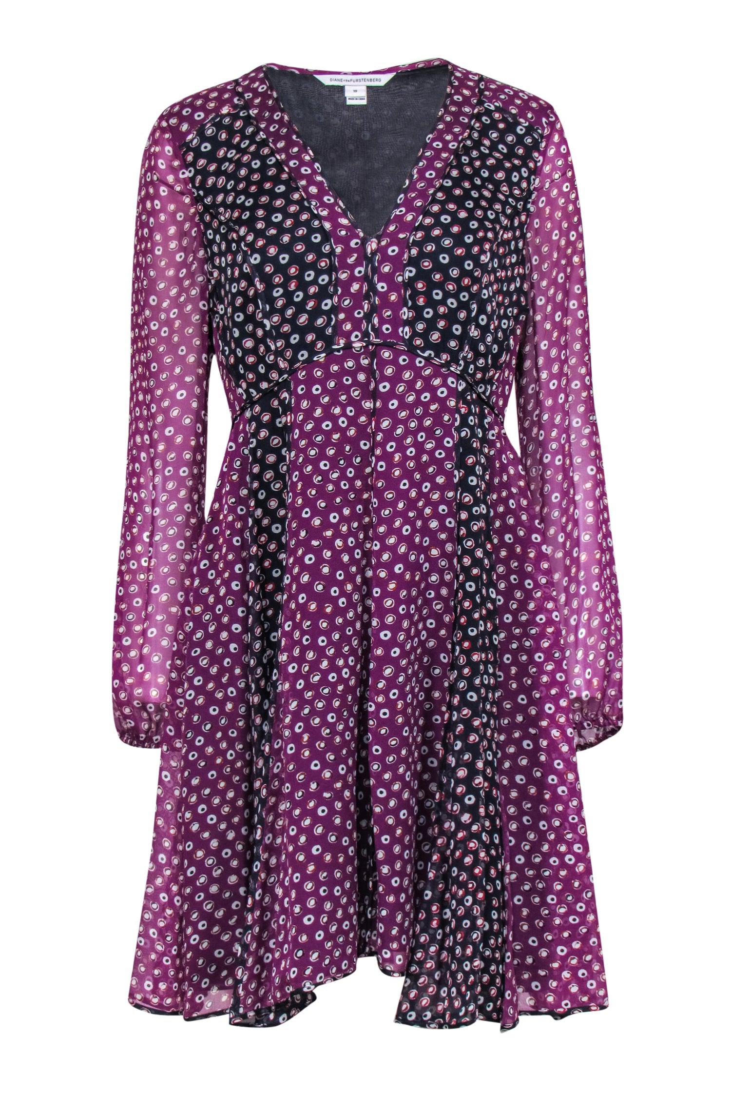 Diane von Furstenberg - Purple & Navy Polka Dot Silk Midi Dress Sz 10