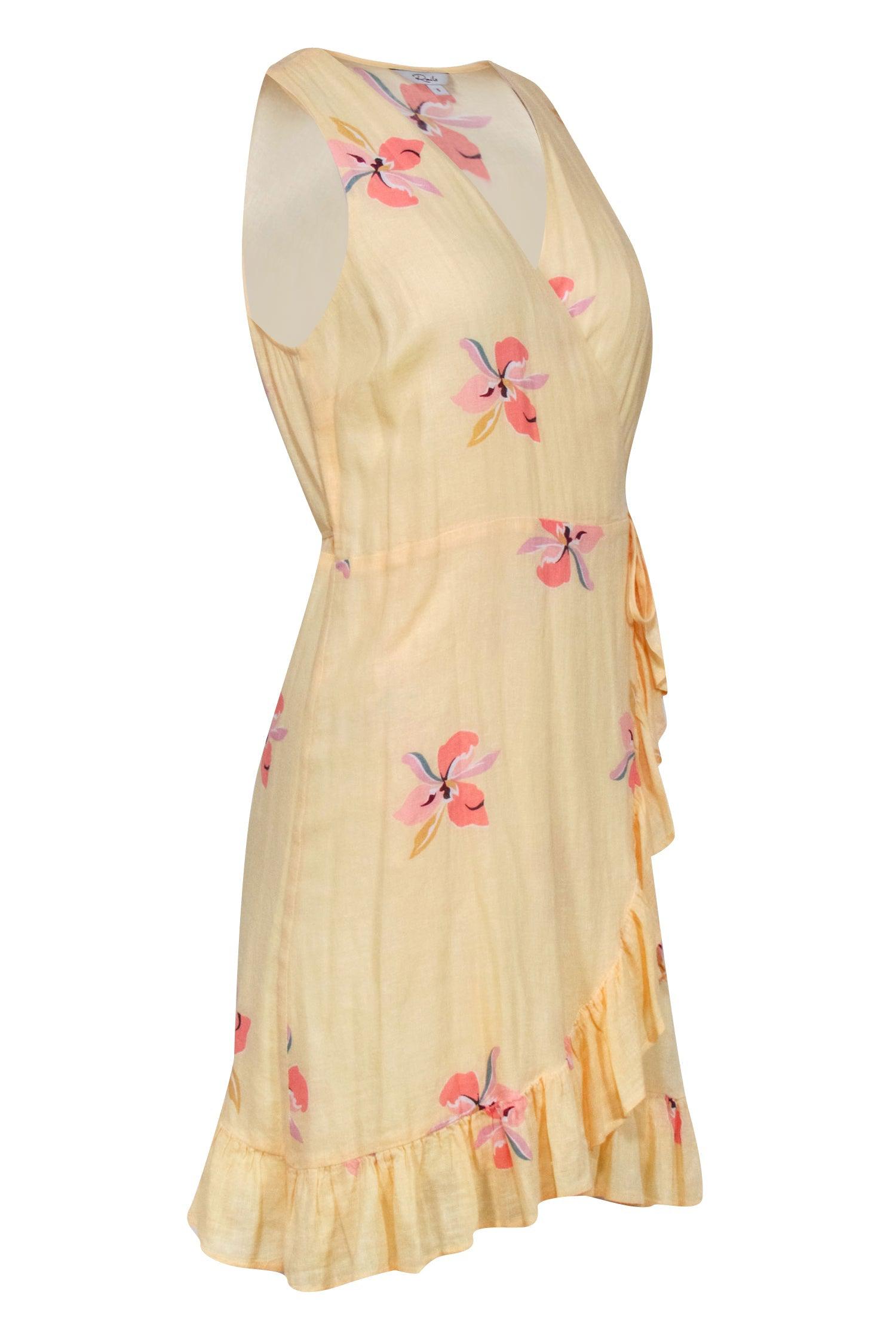 Rails Sunshine Yellow Floral Wrap Dress with Ruffled Hem - Size S