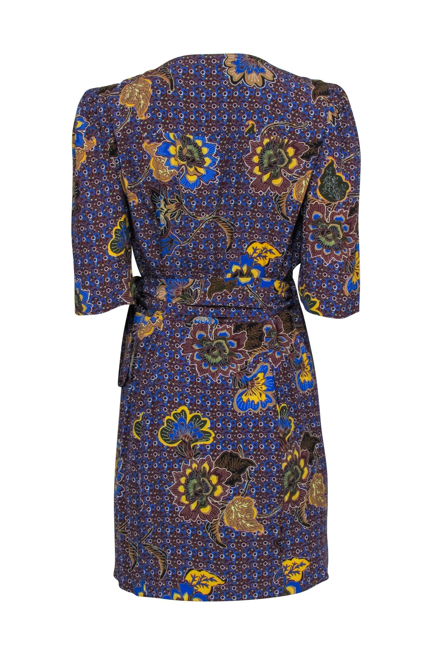Sezane - Stunning Maroon & Blue Floral Paisley Print Short Sleeve Wrap Dress in Size 10