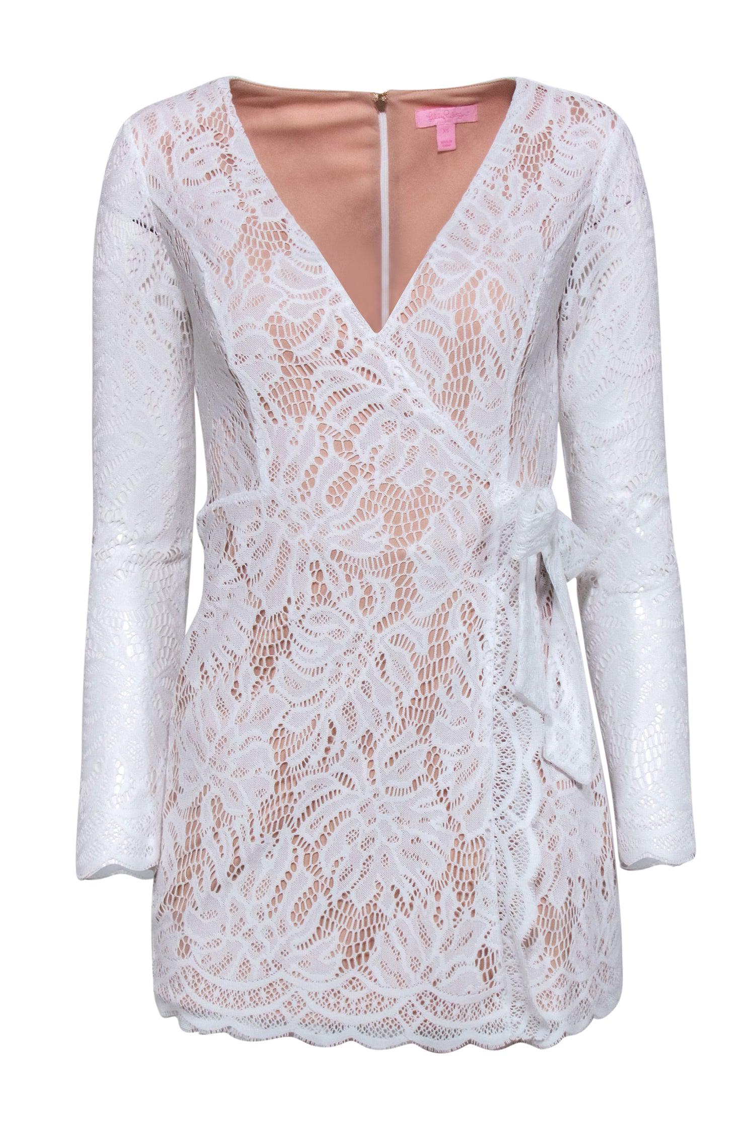 Lilly Pulitzer - Enchanting White Lace Long Sleeve Mini Wrap Romper (Size XS)