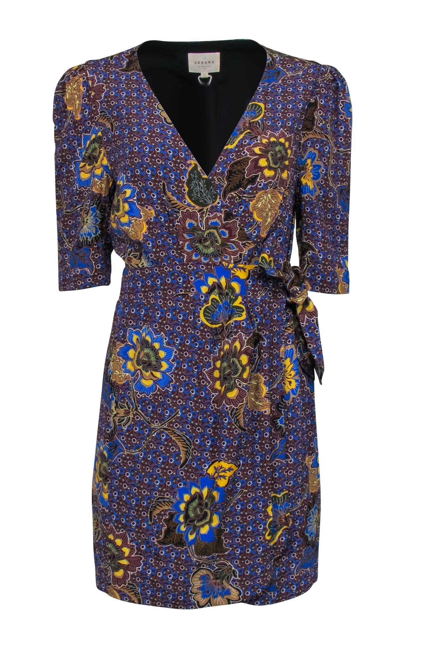 Sezane - Stunning Maroon & Blue Floral Paisley Print Short Sleeve Wrap Dress in Size 10