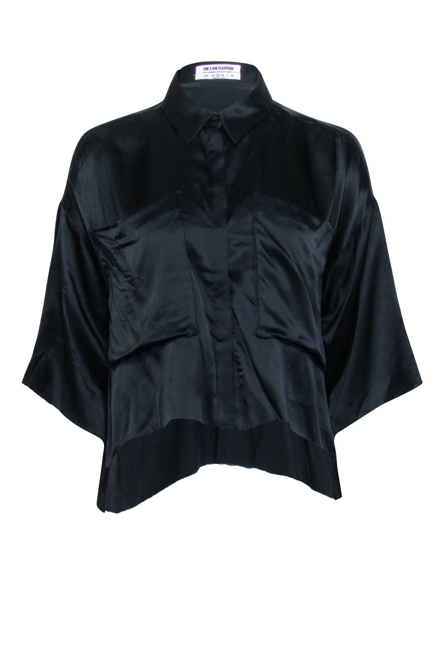 One Teaspoon - Black Silk Crop Sleeve Button Front Top Sz S