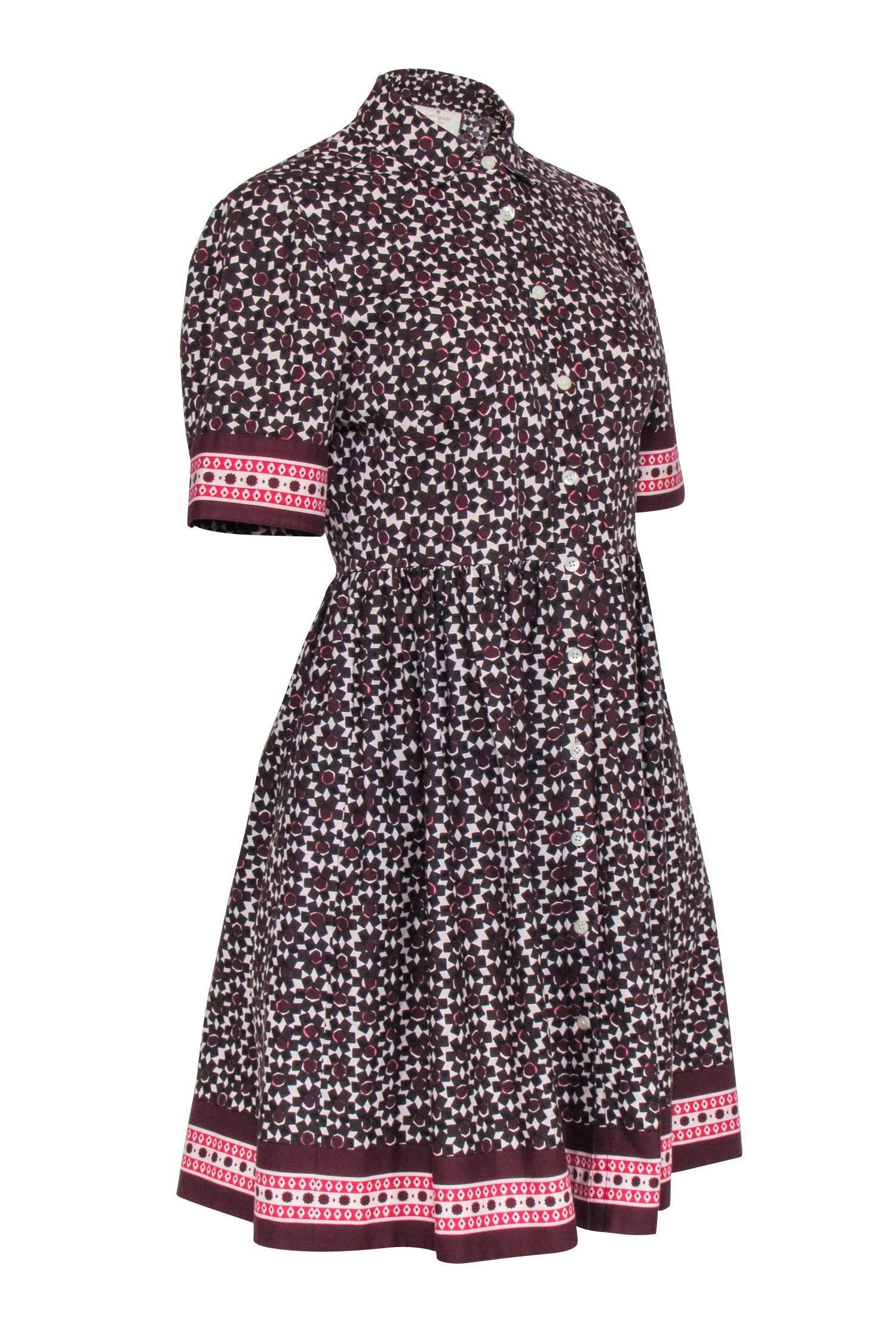Kate Spade Short Sleeve Print Dress - Size 4 in Maroon, Brown, Cream & Pink