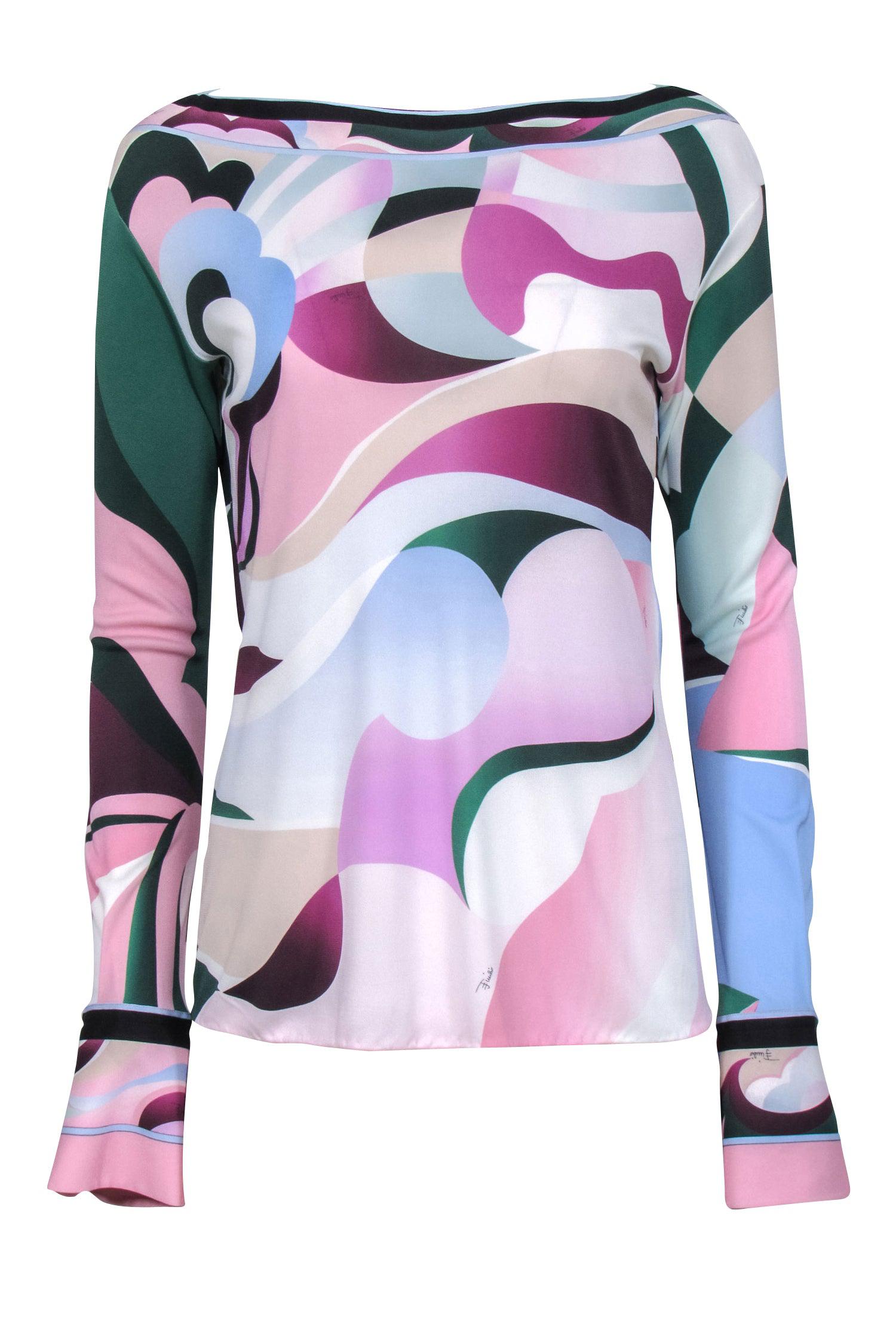 Emilio Pucci - Fashionable Pink, Green & Purple Abstract Print Jersey Fitted Long Sleeve Top in Size 12