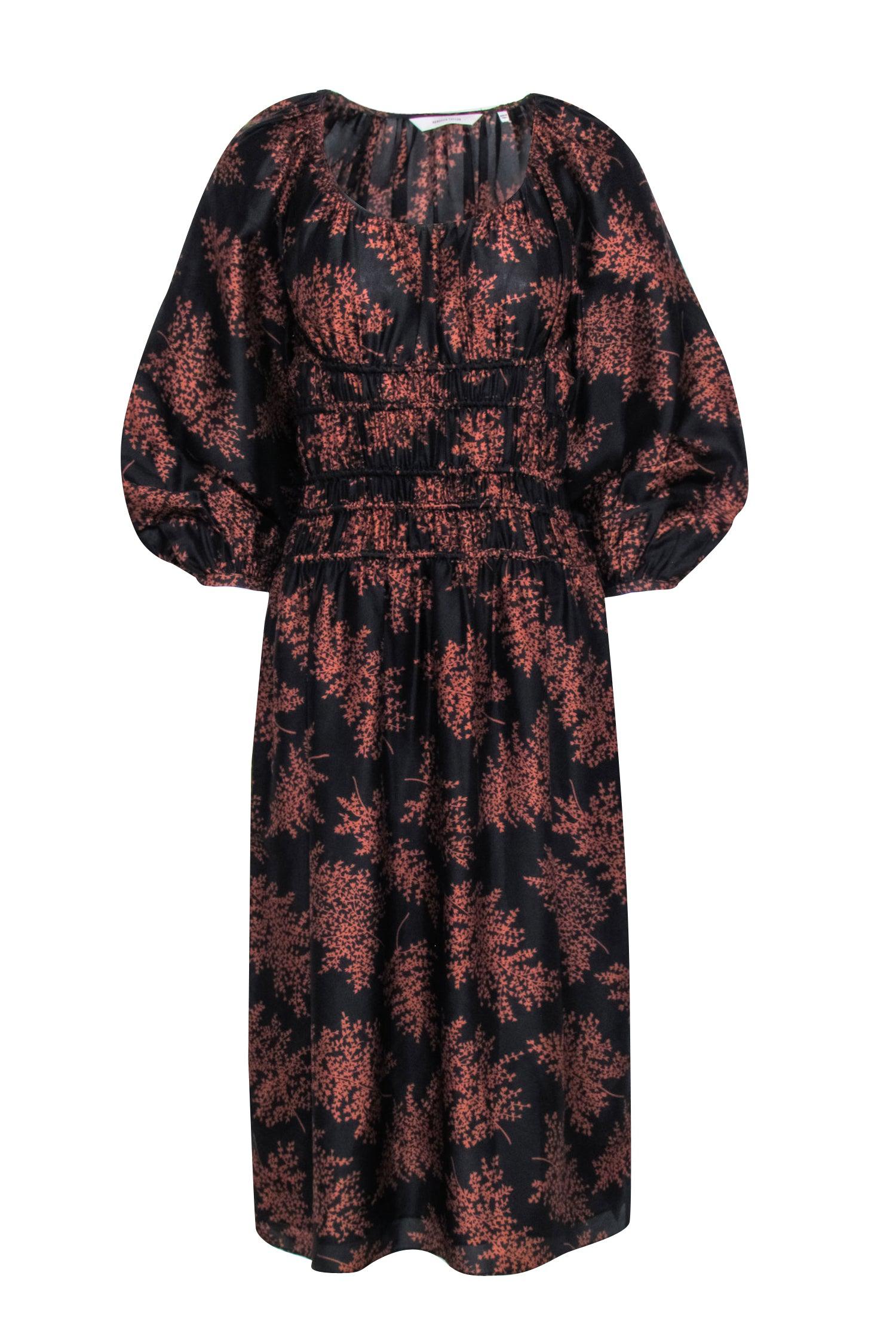 Rebecca Taylor - Exquisite Black with Brown Floral Print Long Sleeve XS Dress