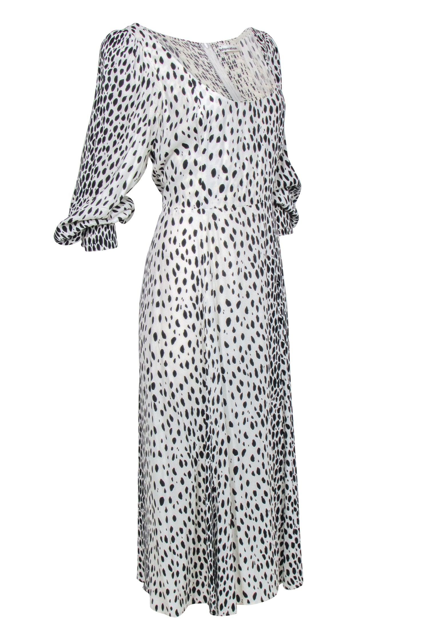 Reformation Cream and Black Spotted Print Long Sleeve Maxi Dress - Size 12
