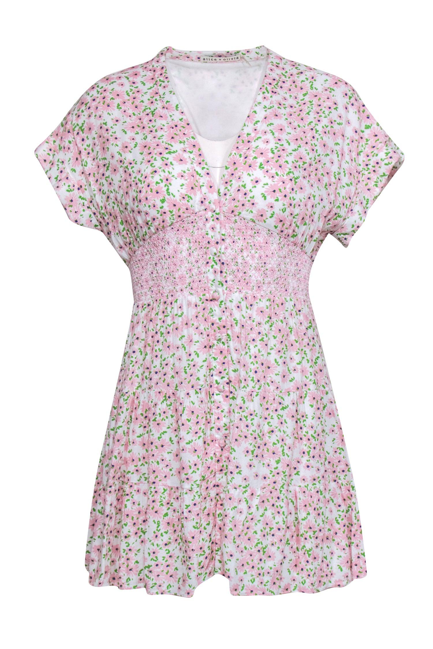 Alice & Olivia - Adorable Blush & Green Ditsy Floral Print Smocked Waist Sundress, Size 2