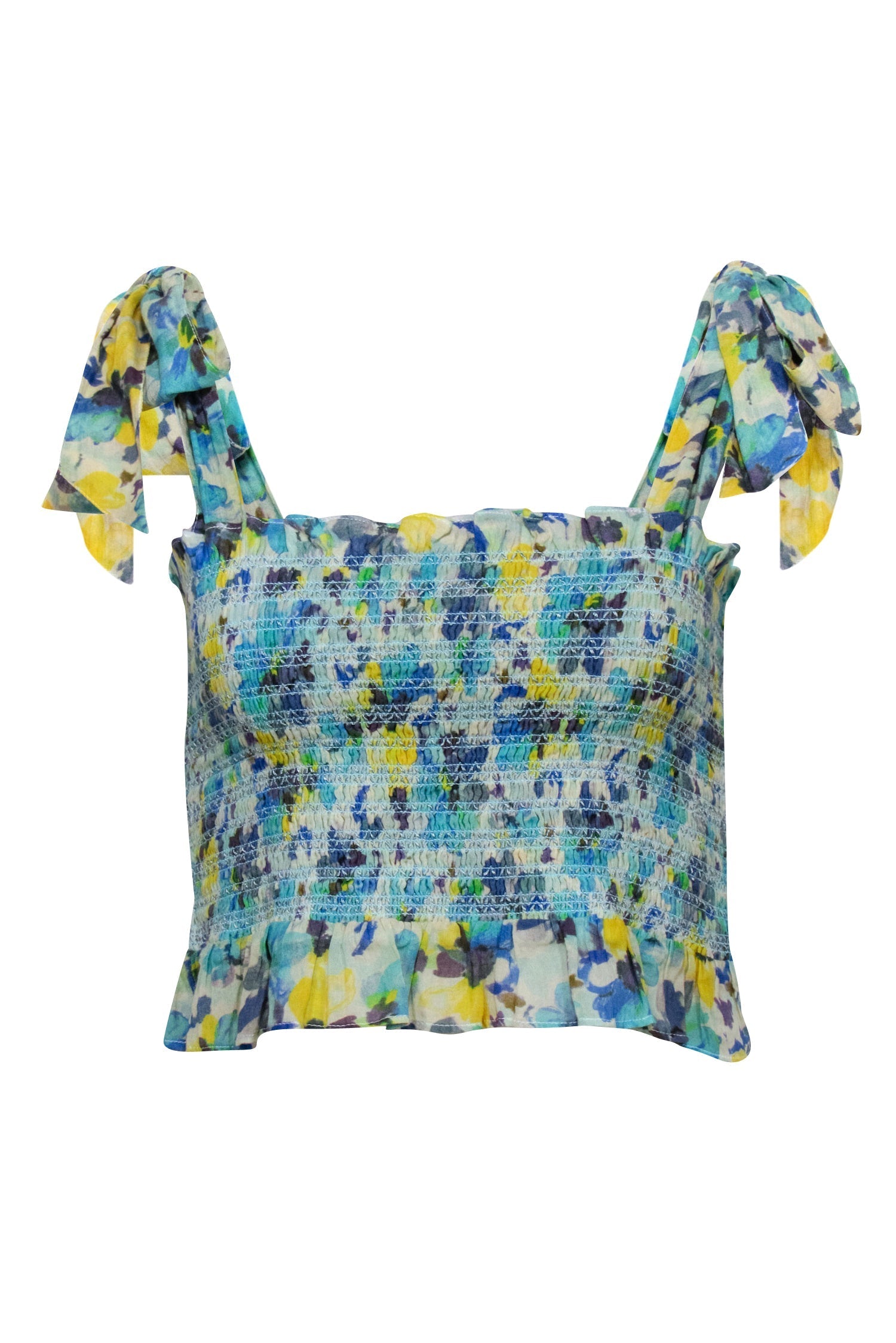 LoveShackFancy - Blue, Yellow, & Beige Summer Smocked Tie Shoulder Crop Top, Size M