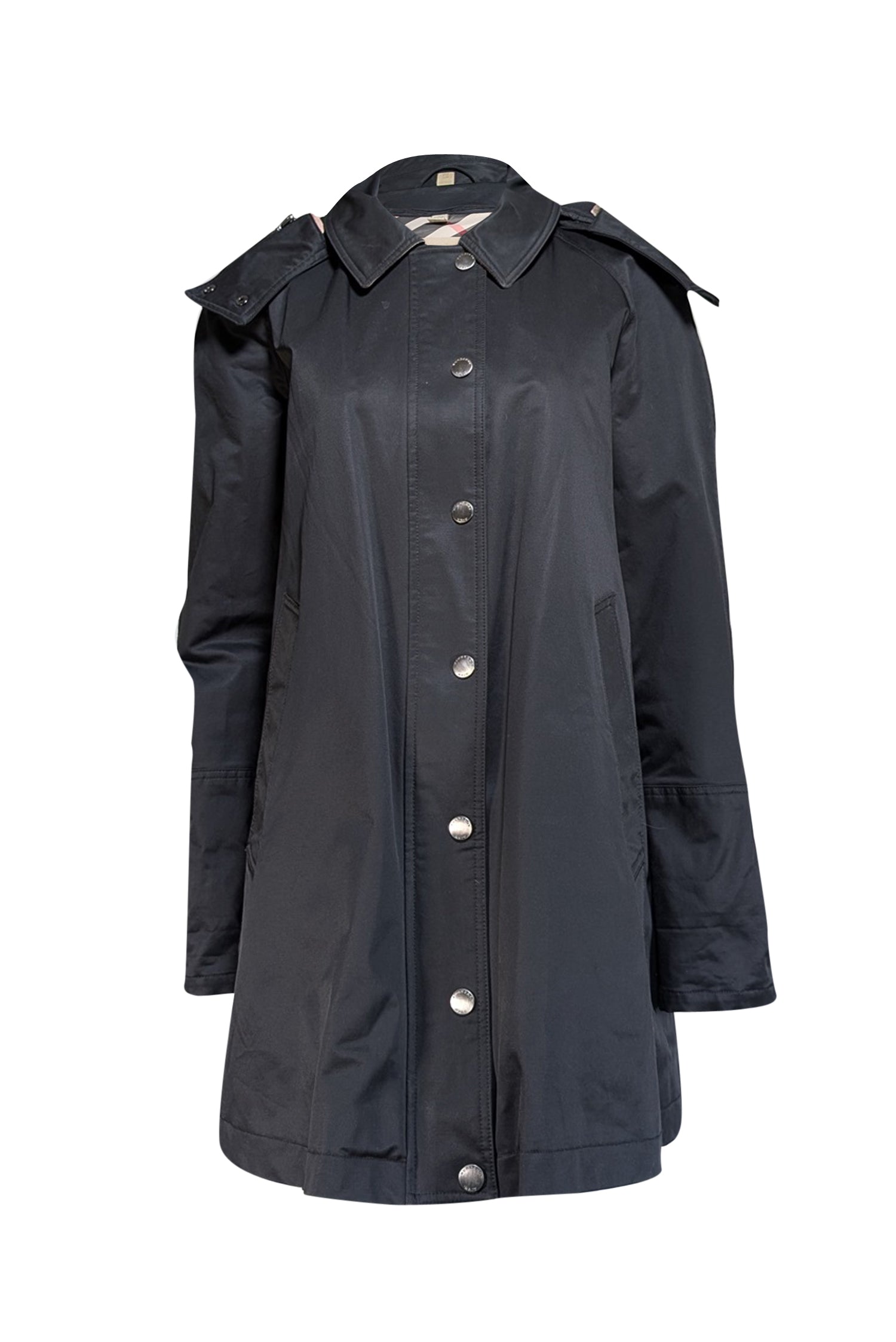 Burberry's Chic Black Button-Front Hooded Trench Coat - Size 14