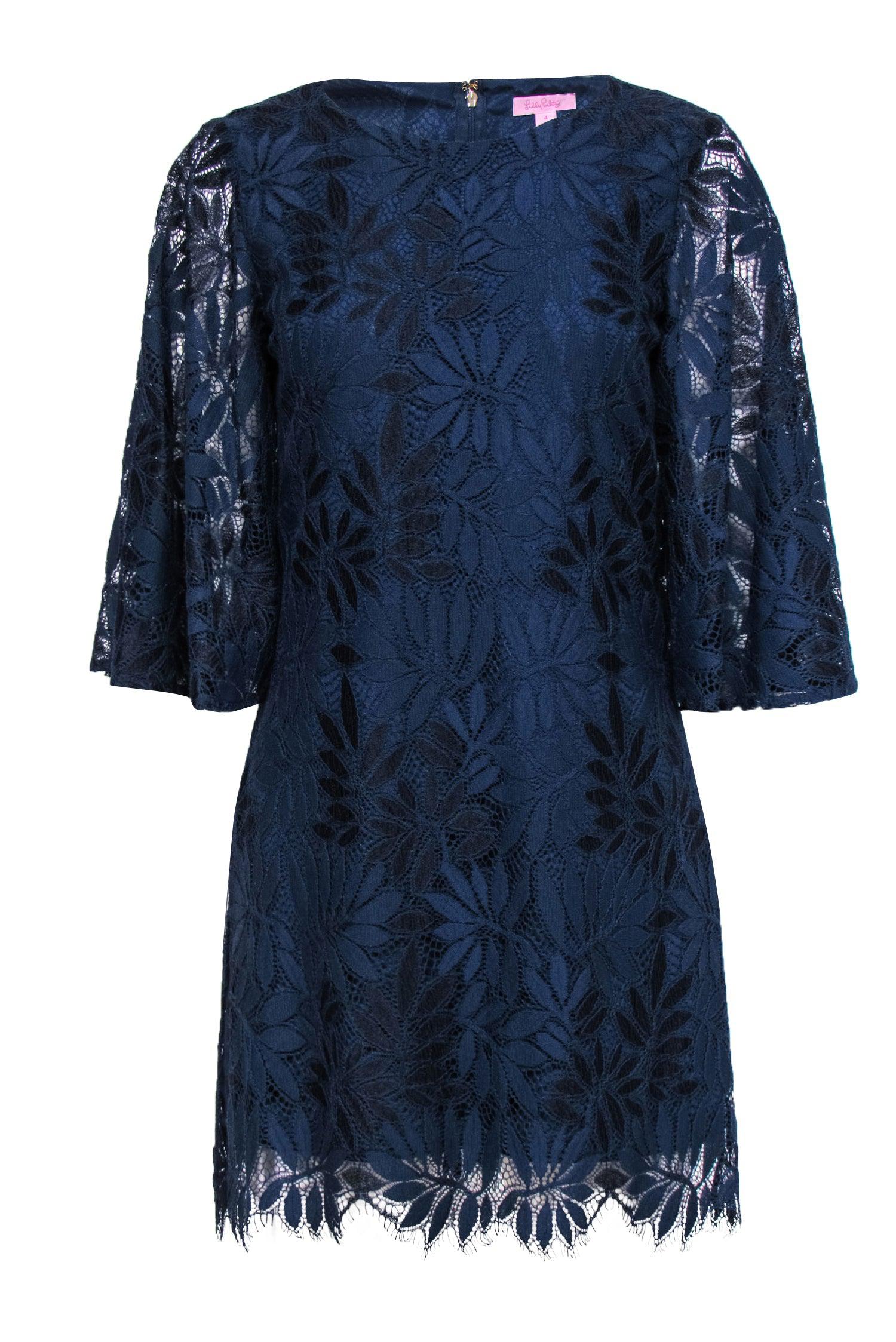 Lilly Pulitzer Navy Floral Lace Romper with Skirt Overlay - Size 4