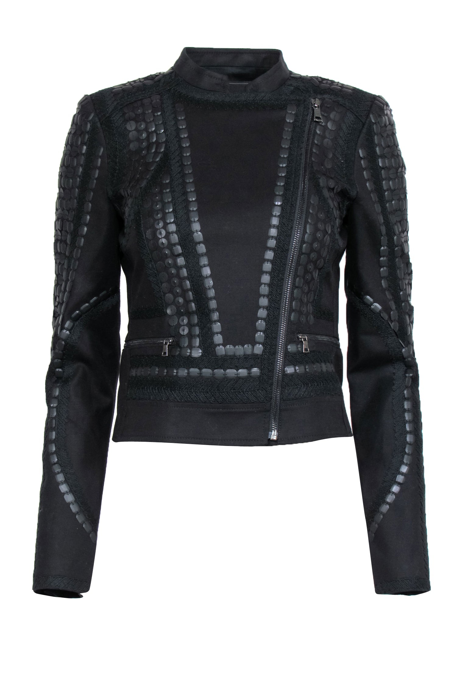 BCBG Max Azria's Stunning Black Jaison Cropped Moto Jacket with Embellishments - Size XS