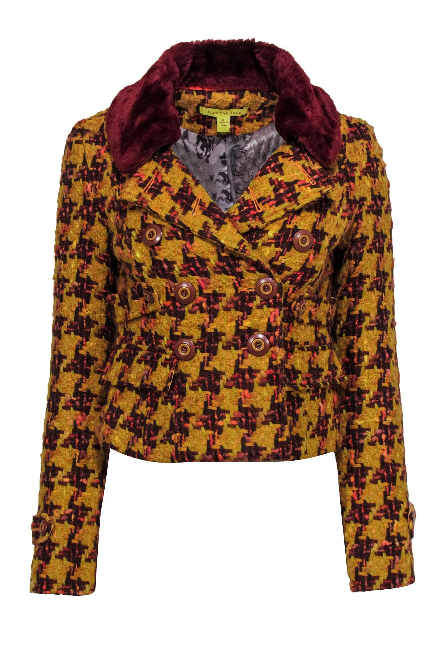 John Carlisle's Stylish Mustard & Red Cropped Tweed Jacket with Faux Fur Collar - Size S