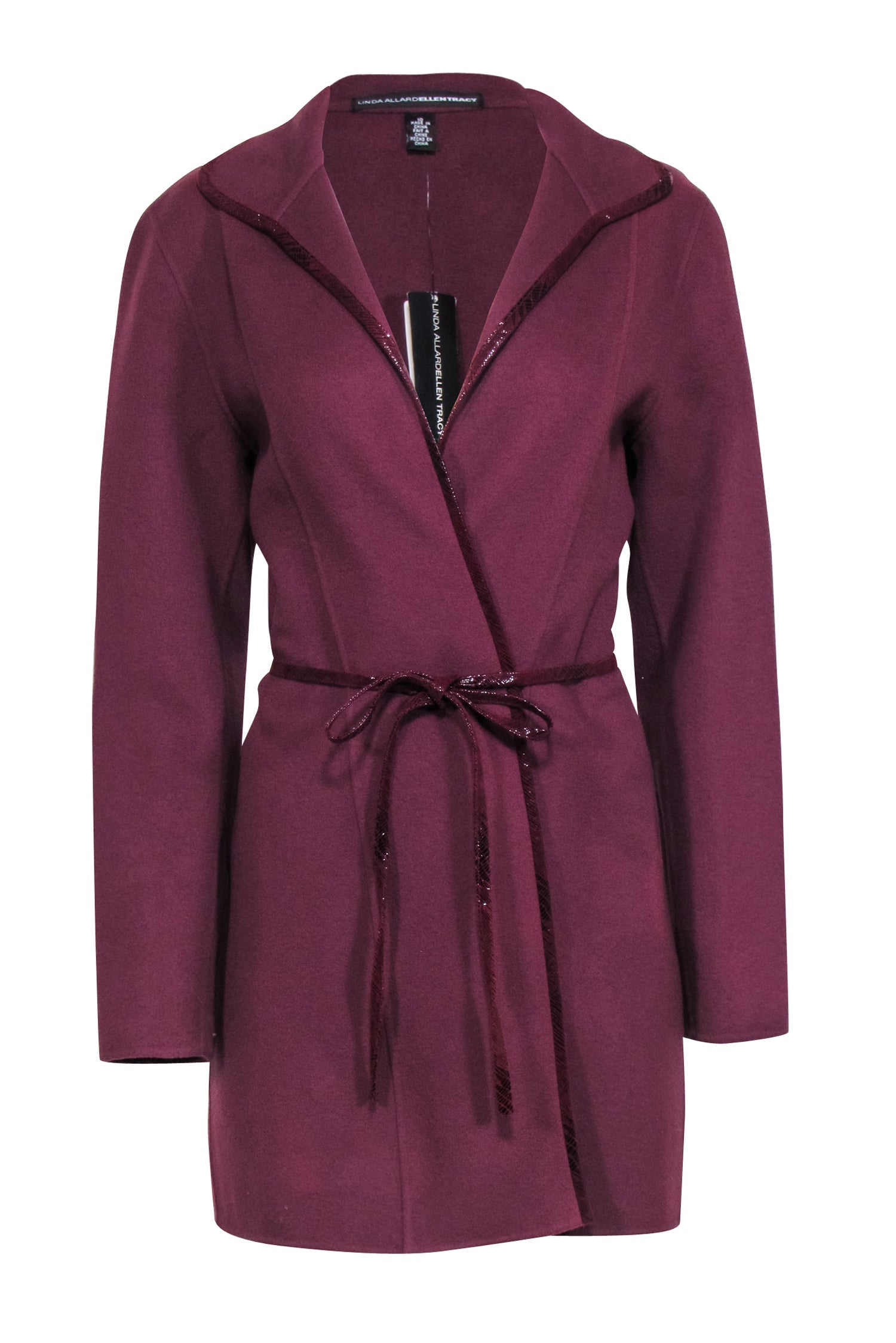 Linda Allard x Ellen Tracy Luxury Plum Wool Belted Jacket with Leather Trim - Size 10