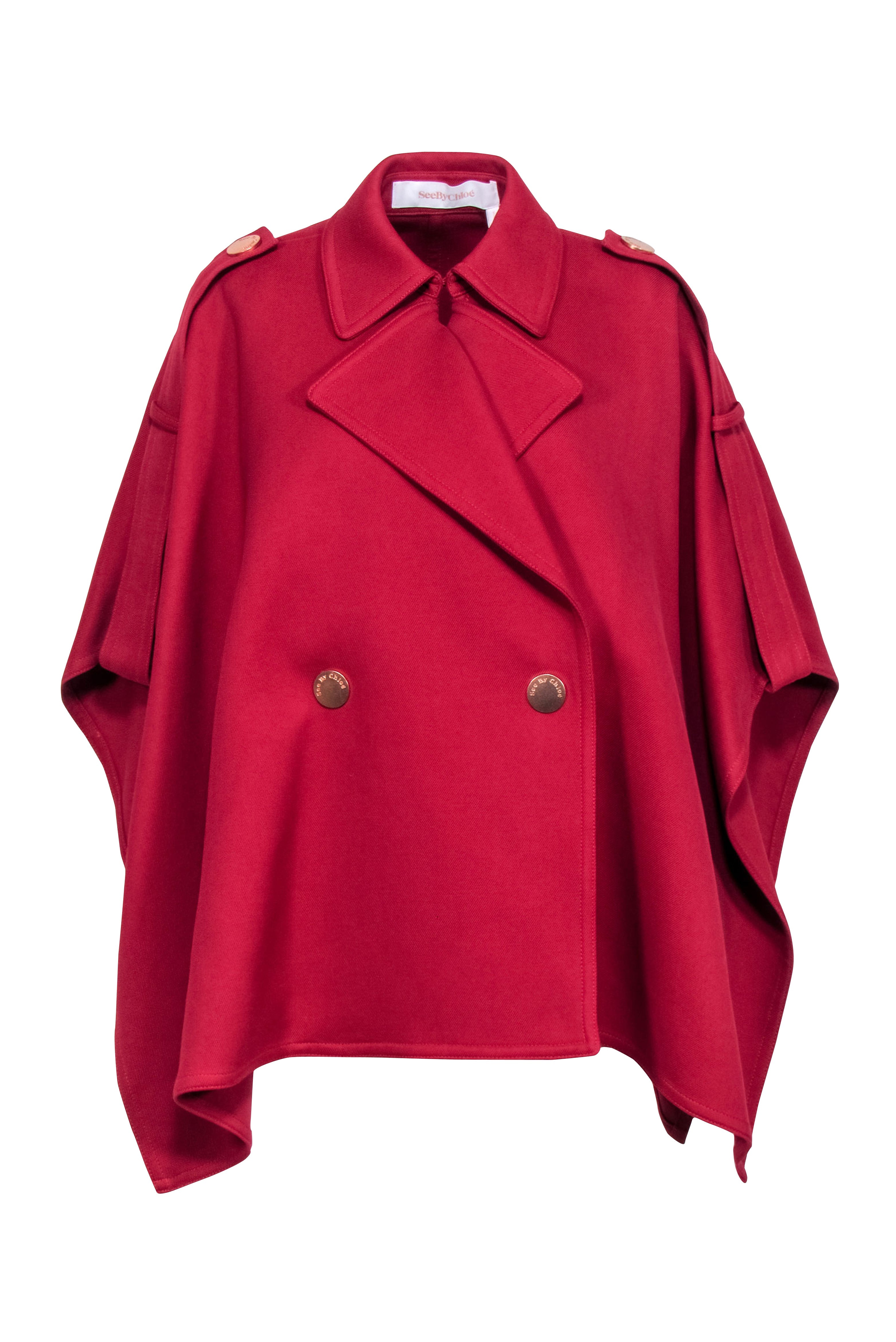 See by Chole - Stunning Red Textured Collared Cape with Gold Buttons, Size XS
